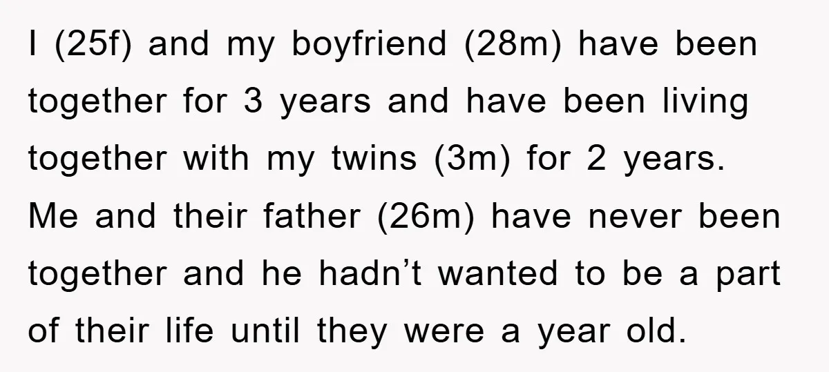 I (25f) and my boyfriend (28m) have been together for 3 years and have been living together with my twins (3m) for 2 years. Me and their father (26m) have...