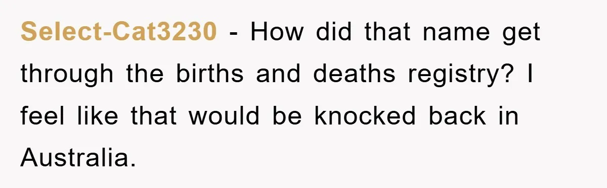 Select-Cat3230 − How did that name get through the births and deaths registry? I feel like that would be knocked back in Australia.