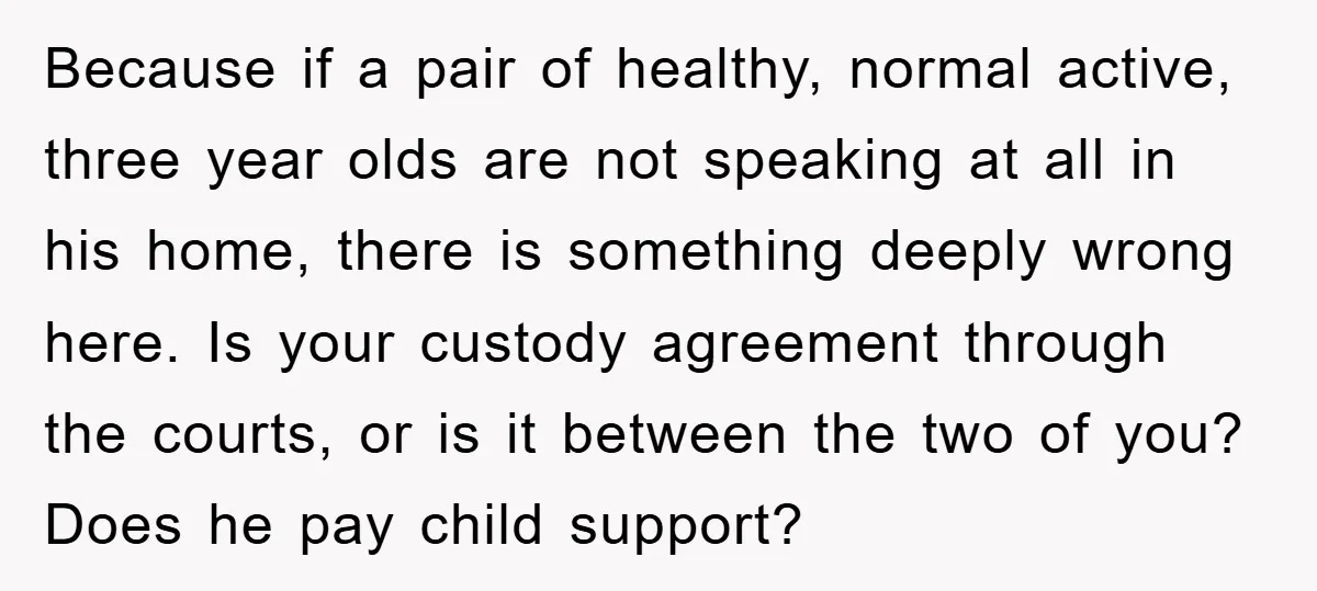 Because if a pair of healthy, normal active, three year olds are not speaking at all in his home, there is something deeply wrong here. Is your custody agreement through...