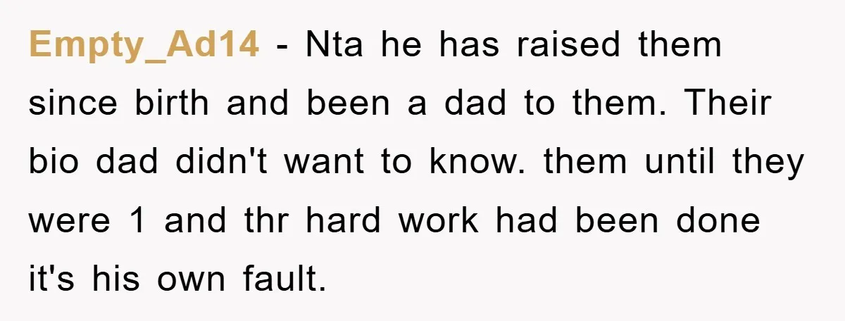 Empty_Ad14 − Nta he has raised them since birth and been a dad to them. Their bio dad didn't want to know. them until they were 1 and thr hard...