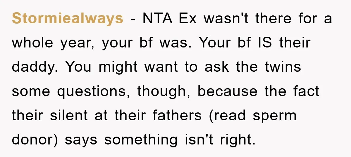 Stormiealways − NTA Ex wasn't there for a whole year, your bf was. Your bf IS their daddy. You might want to ask the twins some questions, though, because the...