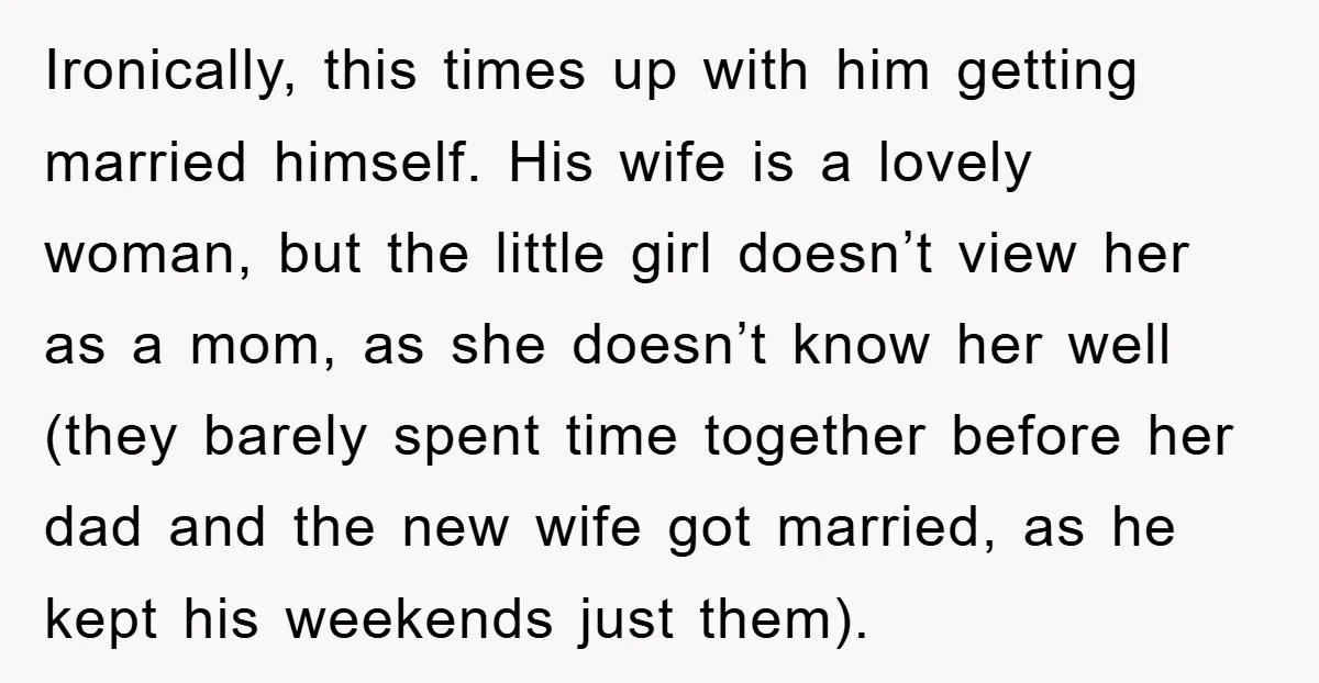 Ironically, this times up with him getting married himself. His wife is a lovely woman, but the little girl doesn’t view her as a mom, as she doesn’t know her...