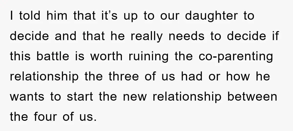 I told him that it’s up to our daughter to decide and that he really needs to decide if this battle is worth ruining the co-parenting relationship the three of...