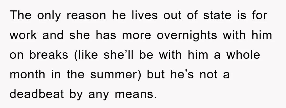 The only reason he lives out of state is for work and she has more overnights with him on breaks (like she’ll be with him a whole month in the...