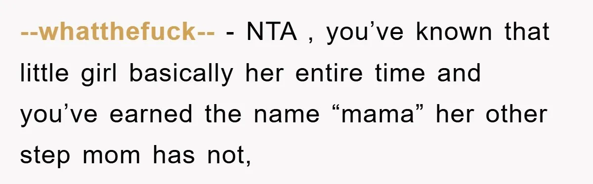 --whatthefuck-- − NTA , you’ve known that little girl basically her entire time and you’ve earned the name “mama” her other step mom has not,