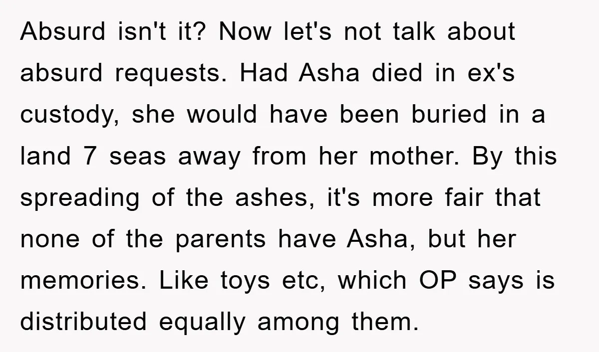 Absurd isn't it? Now let's not talk about absurd requests. Had Asha died in ex's custody, she would have been buried in a land 7 seas away from her mother....