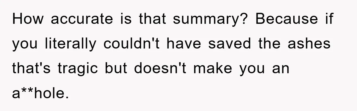 How accurate is that summary? Because if you literally couldn't have saved the ashes that's tragic but doesn't make you an a**hole.