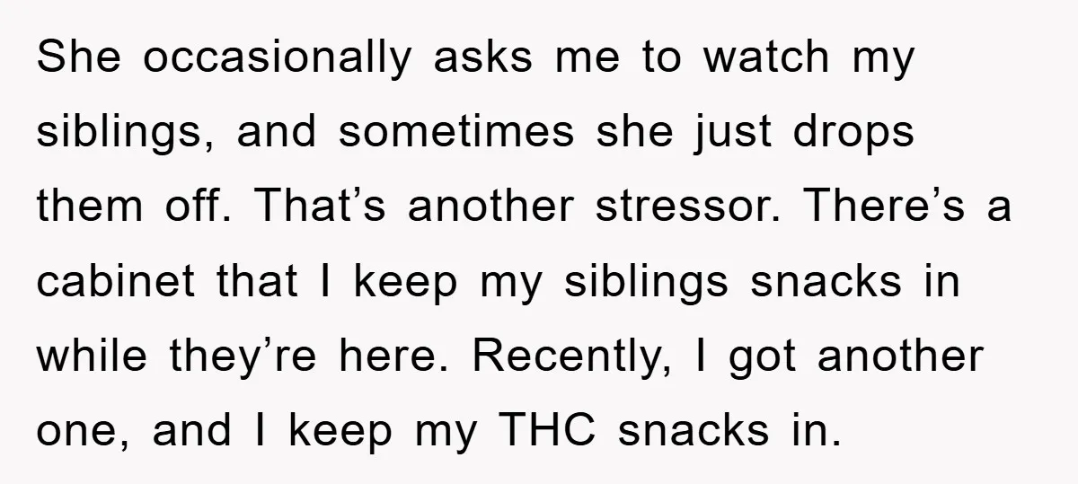 She occasionally asks me to watch my siblings, and sometimes she just drops them off. That’s another stressor. There’s a cabinet that I keep my siblings snacks in while they’re...