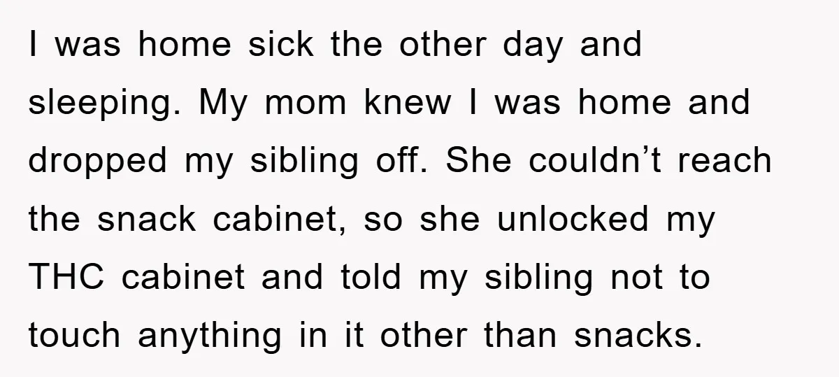 I was home sick the other day and sleeping. My mom knew I was home and dropped my sibling off. She couldn’t reach the snack cabinet, so she unlocked my...