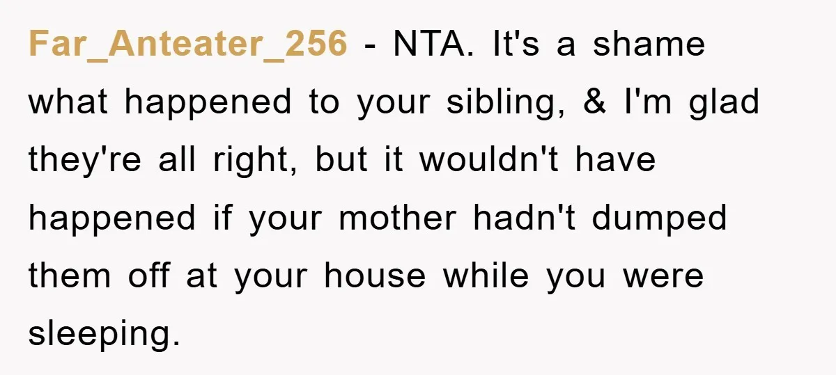 Far_Anteater_256 - NTA. It's a shame what happened to your sibling, & I'm glad they're all right, but it wouldn't have happened if your mother hadn't dumped them off at...