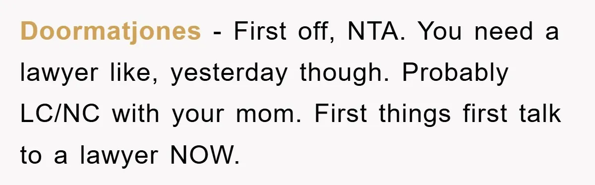Doormatjones - First off, NTA. You need a lawyer like, yesterday though. Probably LC/NC with your mom. First things first talk to a lawyer NOW.