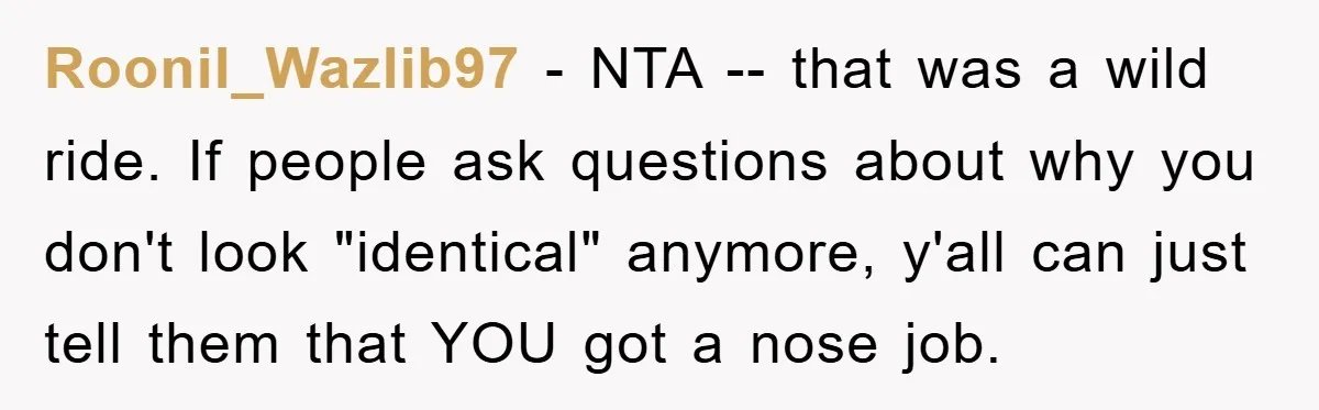 Roonil_Wazlib97 − NTA -- that was a wild ride. If people ask questions about why you don't look "identical" anymore, y'all can just tell them that YOU got a nose...