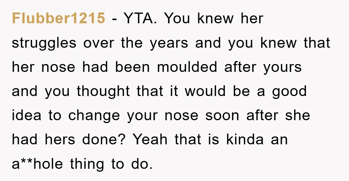 Flubber1215 − YTA. You knew her struggles over the years and you knew that her nose had been moulded after yours and you thought that it would be a good...