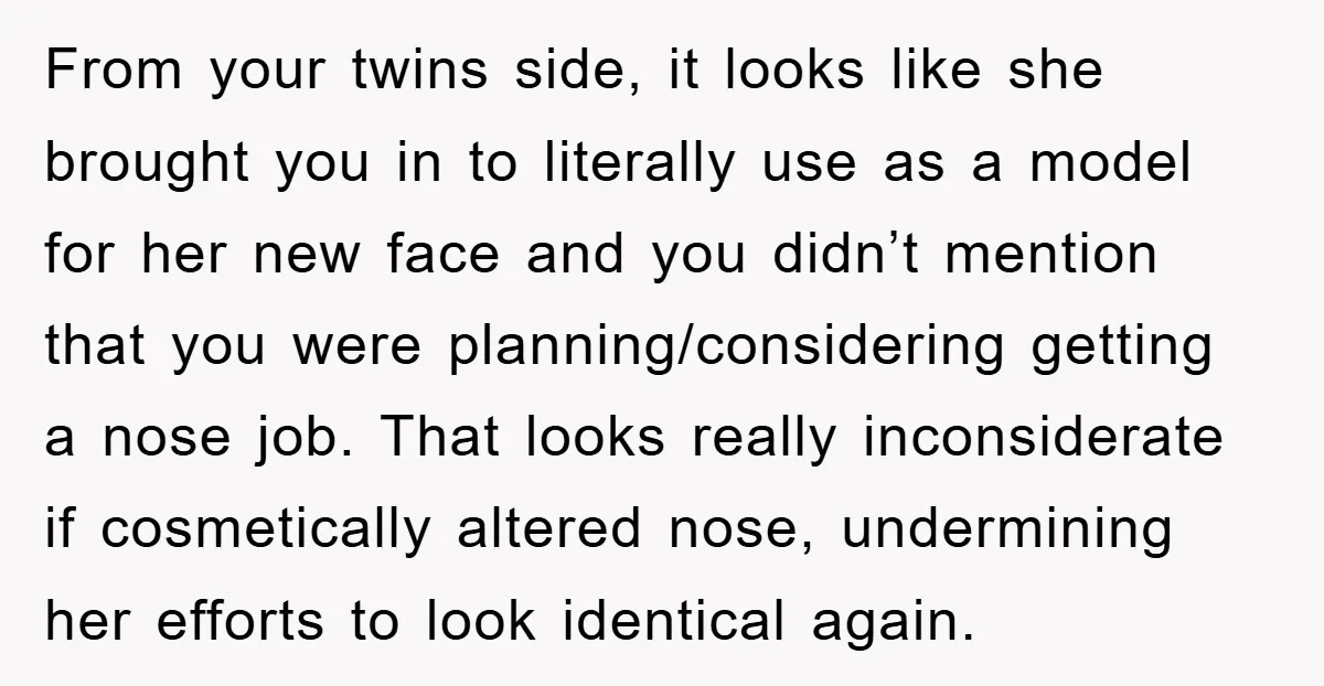 From your twins side, it looks like she brought you in to literally use as a model for her new face and you didn’t mention that you were planning/considering getting...