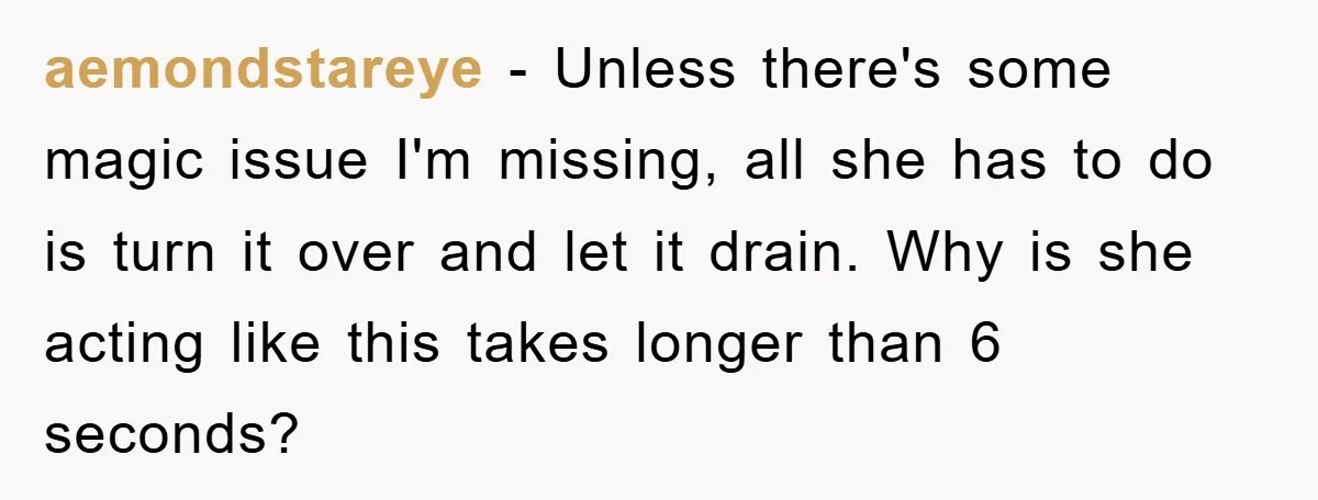 aemondstareye − Unless there's some magic issue I'm missing, all she has to do is turn it over and let it drain. Why is she acting like this takes longer...