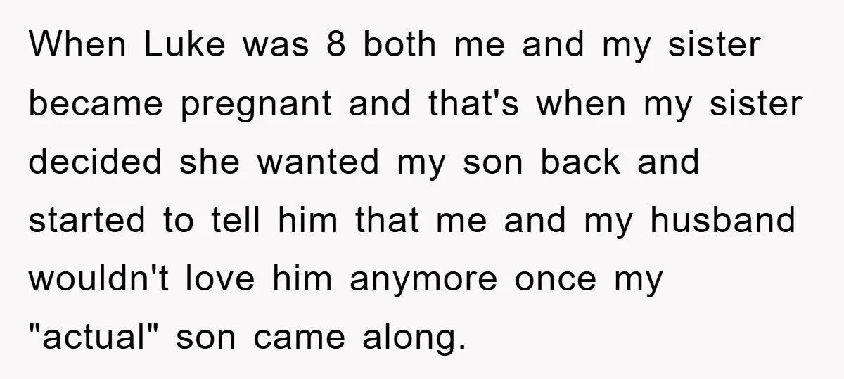 When Luke was 8 both me and my sister became pregnant and that's when my sister decided she wanted my son back and started to tell him that me and...