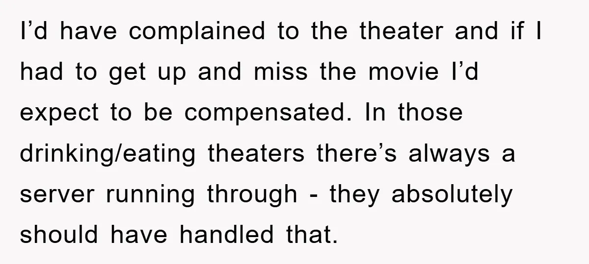 I’d have complained to the theater and if I had to get up and miss the movie I’d expect to be compensated. In those drinking/eating theaters there’s always a server...