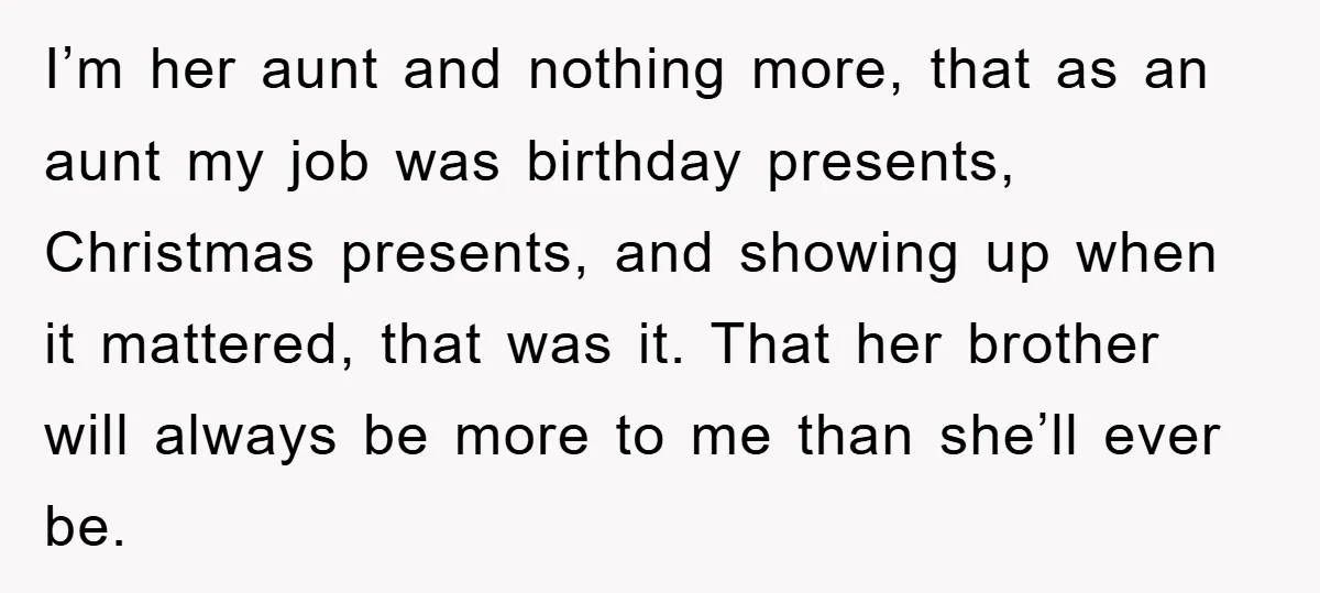 I’m her aunt and nothing more, that as an aunt my job was birthday presents, Christmas presents, and showing up when it mattered, that was it. That her brother will...
