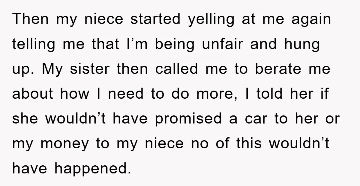 Then my niece started yelling at me again telling me that I’m being unfair and hung up. My sister then called me to berate me about how I need to...