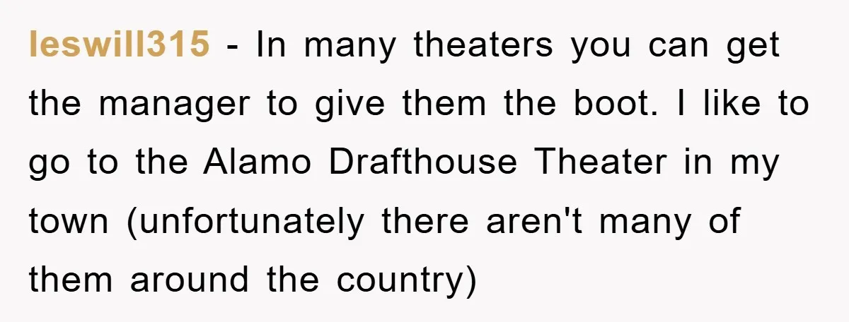 leswill315 − In many theaters you can get the manager to give them the boot. I like to go to the Alamo Drafthouse Theater in my town (unfortunately there aren't...