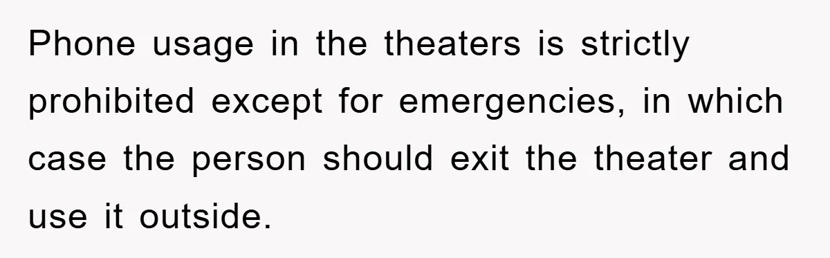 Phone usage in the theaters is strictly prohibited except for emergencies, in which case the person should exit the theater and use it outside.