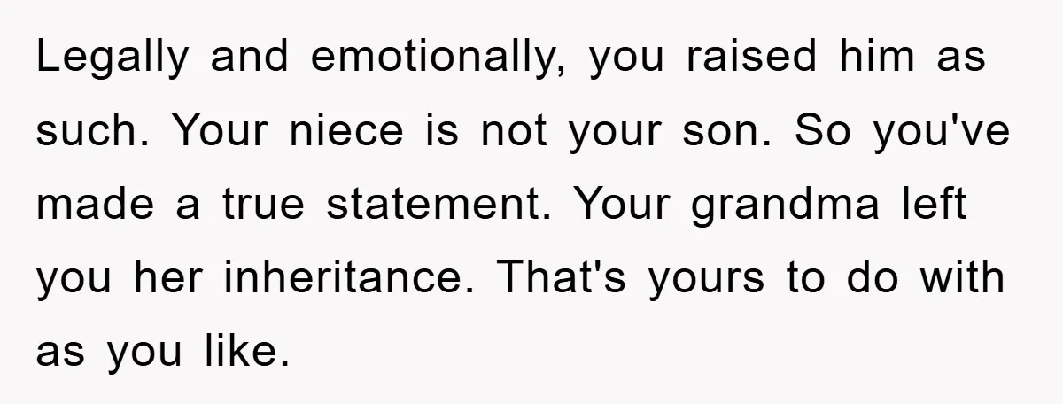 Legally and emotionally, you raised him as such. Your niece is not your son. So you've made a true statement. Your grandma left you her inheritance. That's yours to do...