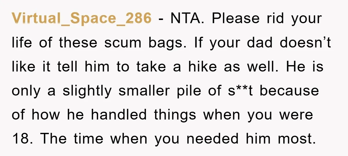 Virtual_Space_286 − NTA. Please rid your life of these scum bags. If your dad doesn’t like it tell him to take a hike as well. He is only a slightly...