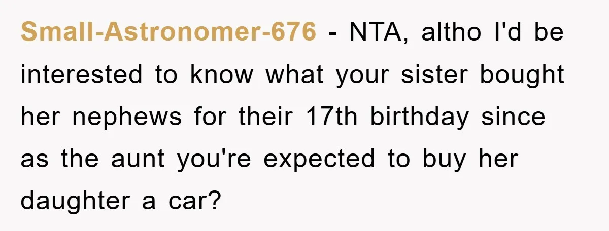 Small-Astronomer-676 − NTA, altho I'd be interested to know what your sister bought her nephews for their 17th birthday since as the aunt you're expected to buy her daughter a...