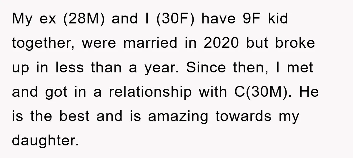 My ex (28M) and I (30F) have 9F kid together, were married in 2020 but broke up in less than a year. Since then, I met and got in a...