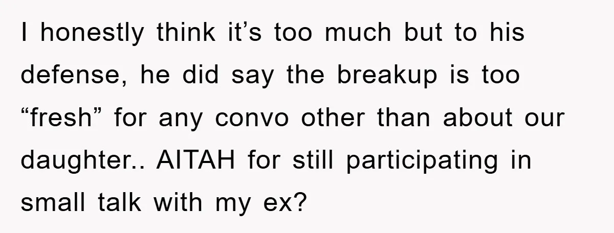 I honestly think it’s too much but to his defense, he did say the breakup is too “fresh” for any convo other than about our daughter.. AITAH for still participating...
