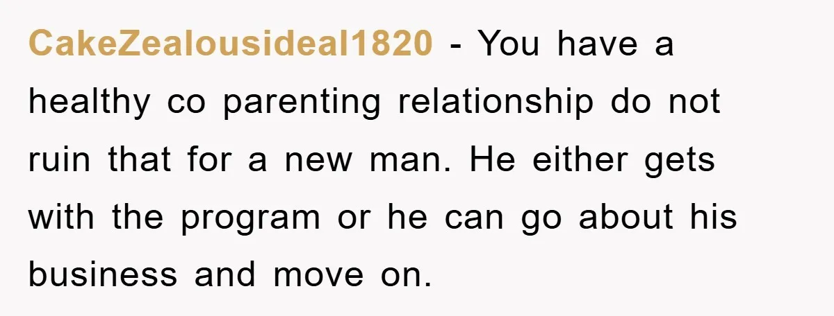 CakeZealousideal1820 − You have a healthy co parenting relationship do not ruin that for a new man. He either gets with the program or he can go about his business...