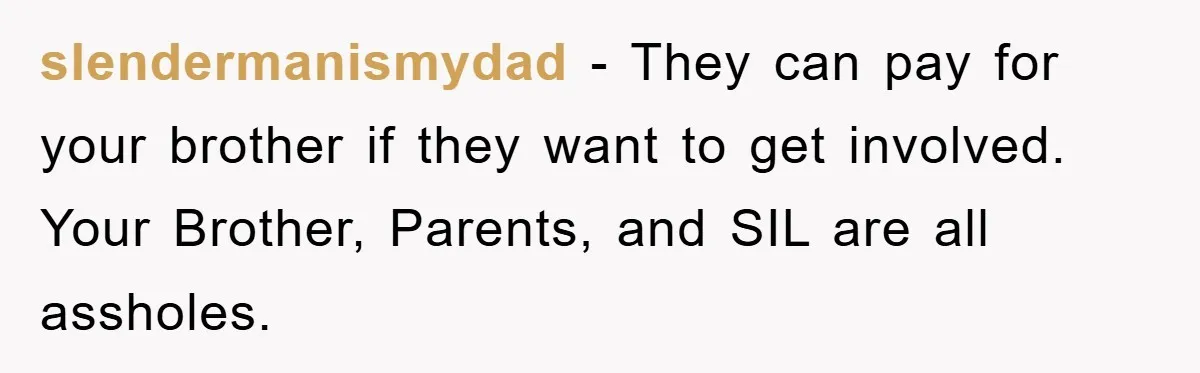 slendermanismydad - They can pay for your brother if they want to get involved. Your Brother, Parents, and SIL are all assholes.