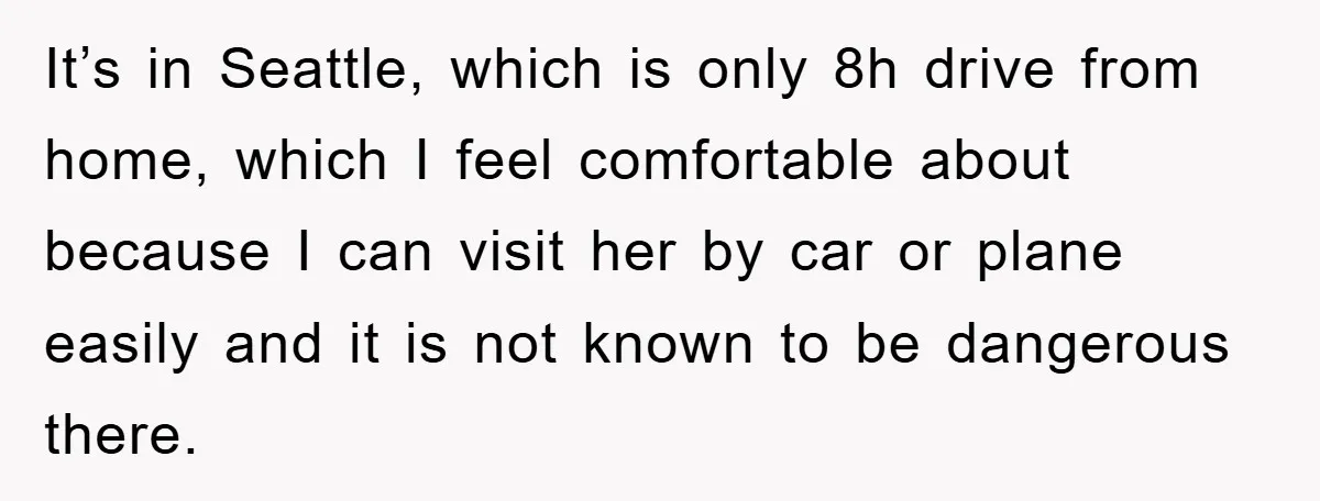 It’s in Seattle, which is only 8h drive from home, which I feel comfortable about because I can visit her by car or plane easily and it is not known...