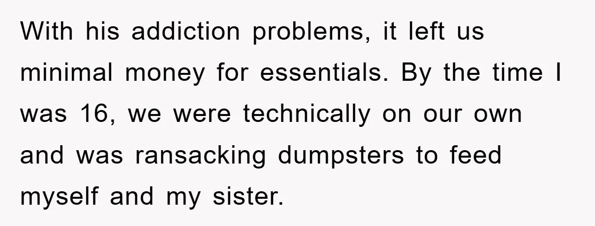 With his addiction problems, it left us minimal money for essentials. By the time I was 16, we were technically on our own and was ransacking dumpsters to feed myself...