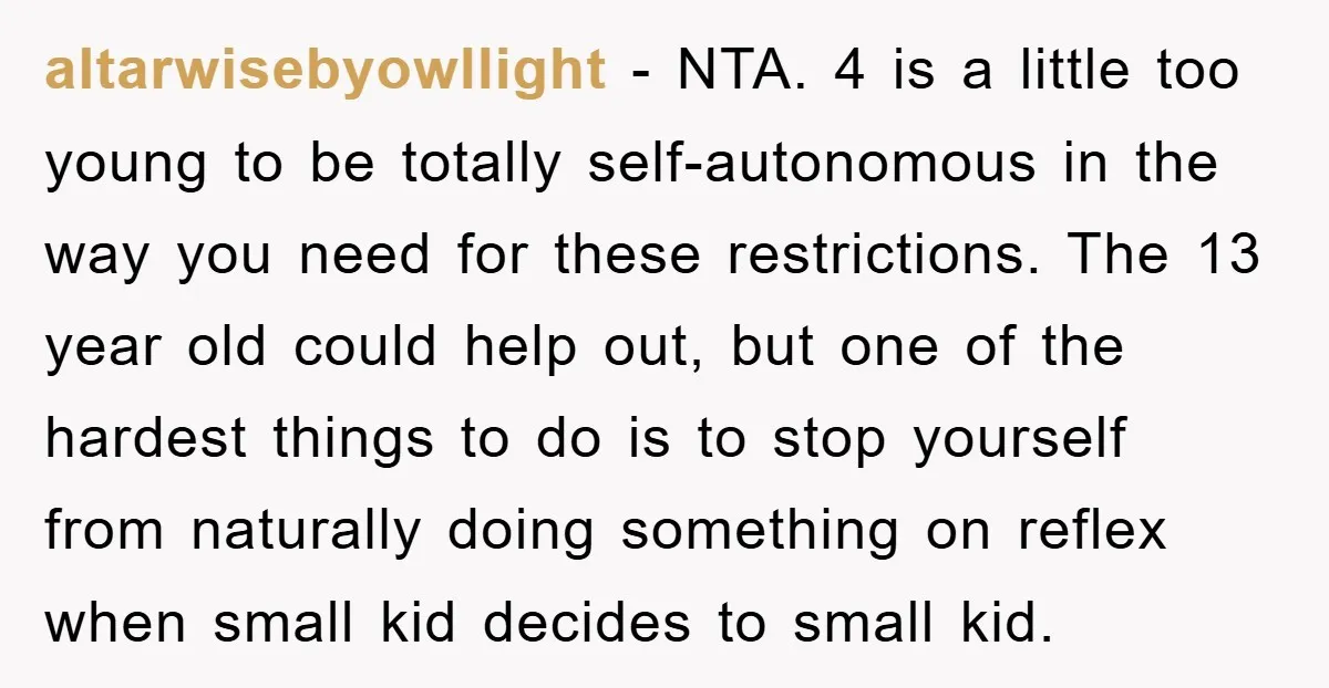 altarwisebyowllight − NTA. 4 is a little too young to be totally self-autonomous in the way you need for these restrictions. The 13 year old could help out, but one...