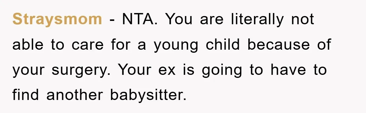 Straysmom − NTA. You are literally not able to care for a young child because of your surgery. Your ex is going to have to find another babysitter.