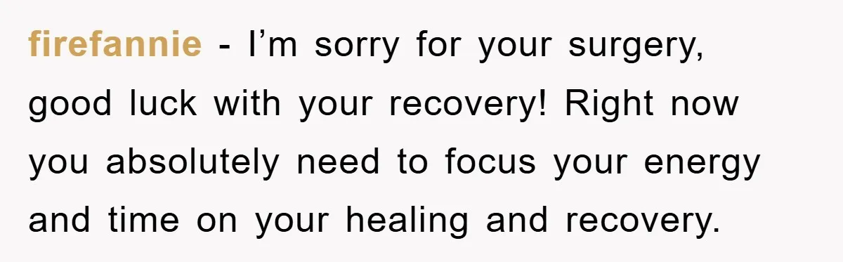 firefannie − I’m sorry for your surgery, good luck with your recovery! Right now you absolutely need to focus your energy and time on your healing and recovery.