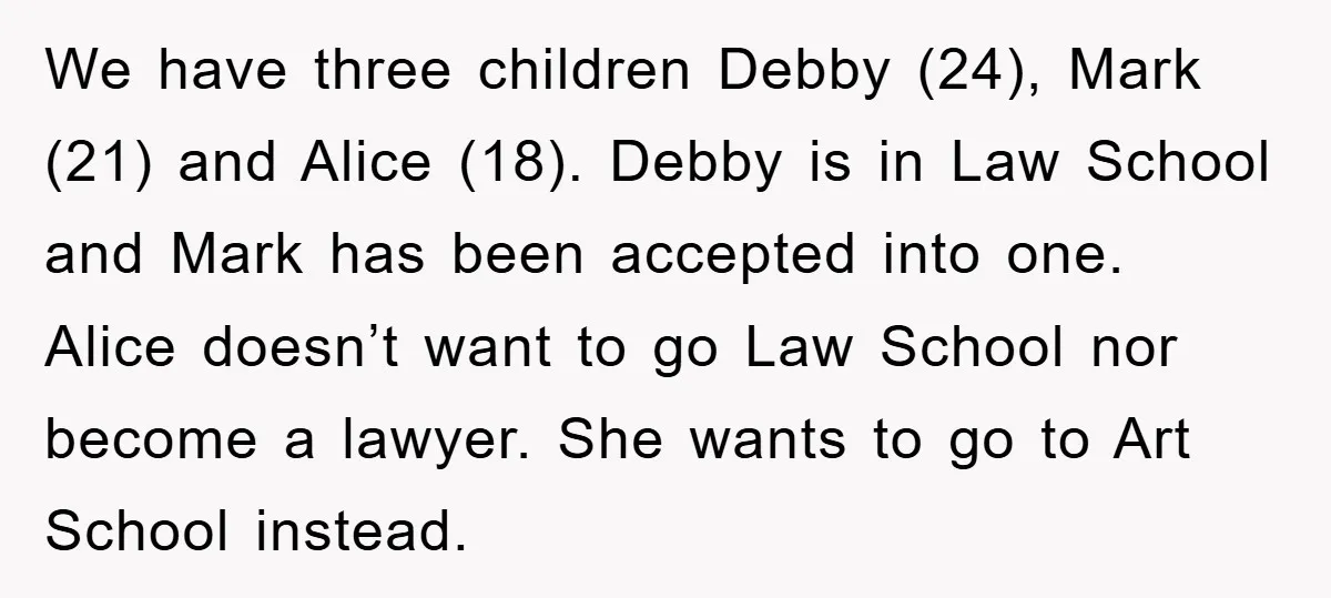 We have three children Debby (24), Mark (21) and Alice (18). Debby is in Law School and Mark has been accepted into one. Alice doesn’t want to go Law School...