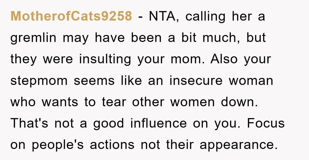 MotherofCats9258 − NTA, calling her a gremlin may have been a bit much, but they were insulting your mom. Also your stepmom seems like an insecure woman who wants to...