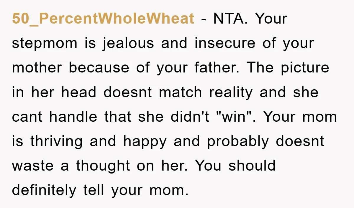 50_PercentWholeWheat − NTA. Your stepmom is jealous and insecure of your mother because of your father. The picture in her head doesnt match reality and she cant handle that she...