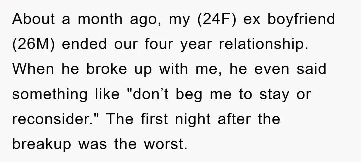 About a month ago, my (24F) ex boyfriend (26M) ended our four year relationship. When he broke up with me, he even said something like "don’t beg me to stay...