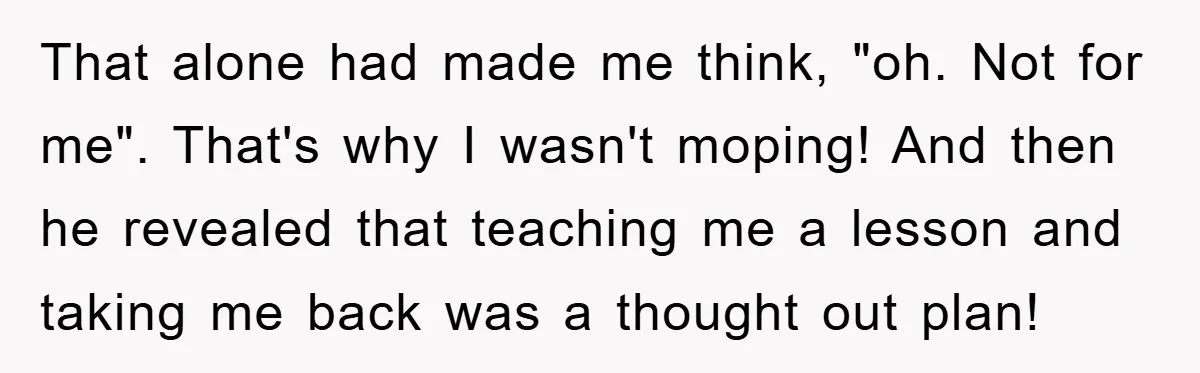 That alone had made me think, "oh. Not for me". That's why I wasn't moping! And then he revealed that teaching me a lesson and taking me back was a...