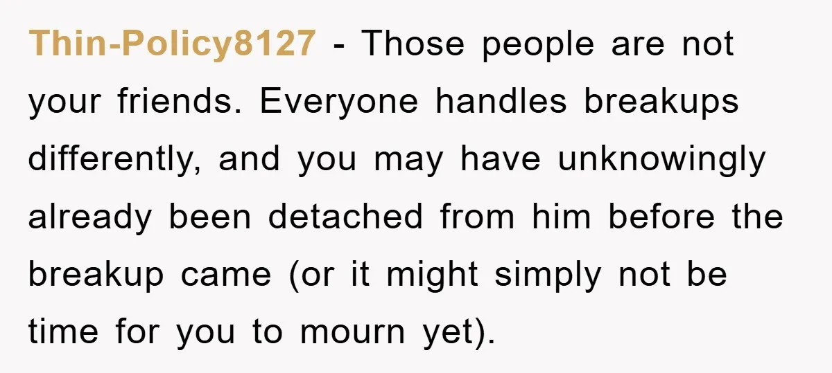 Thin-Policy8127 − Those people are not your friends. Everyone handles breakups differently, and you may have unknowingly already been detached from him before the breakup came (or it might simply...