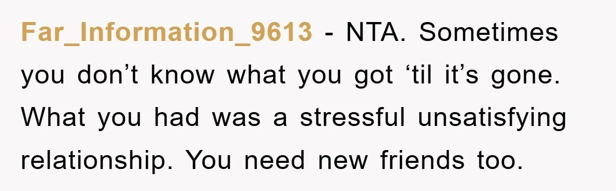 Far_Information_9613 − NTA. Sometimes you don’t know what you got ‘til it’s gone. What you had was a stressful unsatisfying relationship. You need new friends too.
