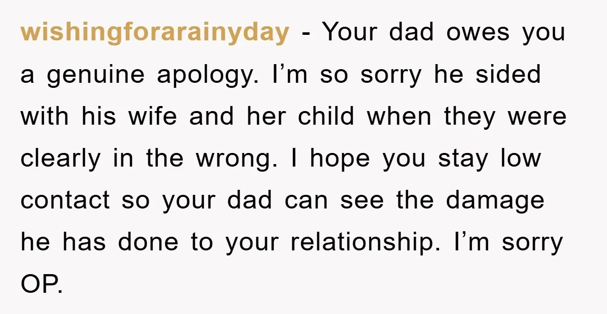 wishingforarainyday − Your dad owes you a genuine apology. I’m so sorry he sided with his wife and her child when they were clearly in the wrong. I hope you...