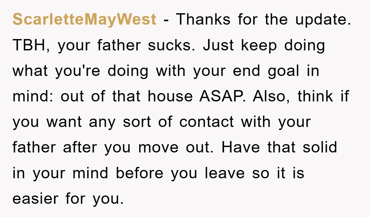 ScarletteMayWest − Thanks for the update. TBH, your father sucks. Just keep doing what you're doing with your end goal in mind: out of that house ASAP. Also, think if...