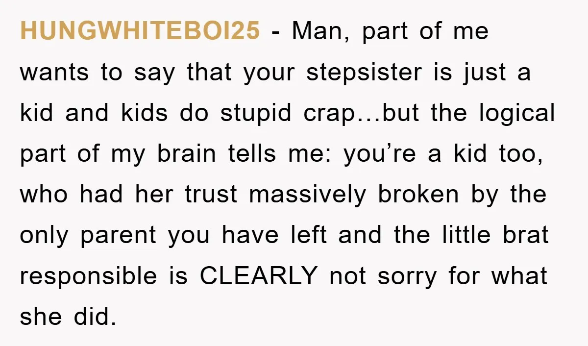 HUNGWHITEBOI25 − Man, part of me wants to say that your stepsister is just a kid and kids do stupid crap…but the logical part of my brain tells me: you’re...