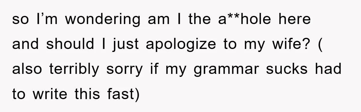 so I’m wondering am I the a**hole here and should I just apologize to my wife? ( also terribly sorry if my grammar sucks had to write this fast)