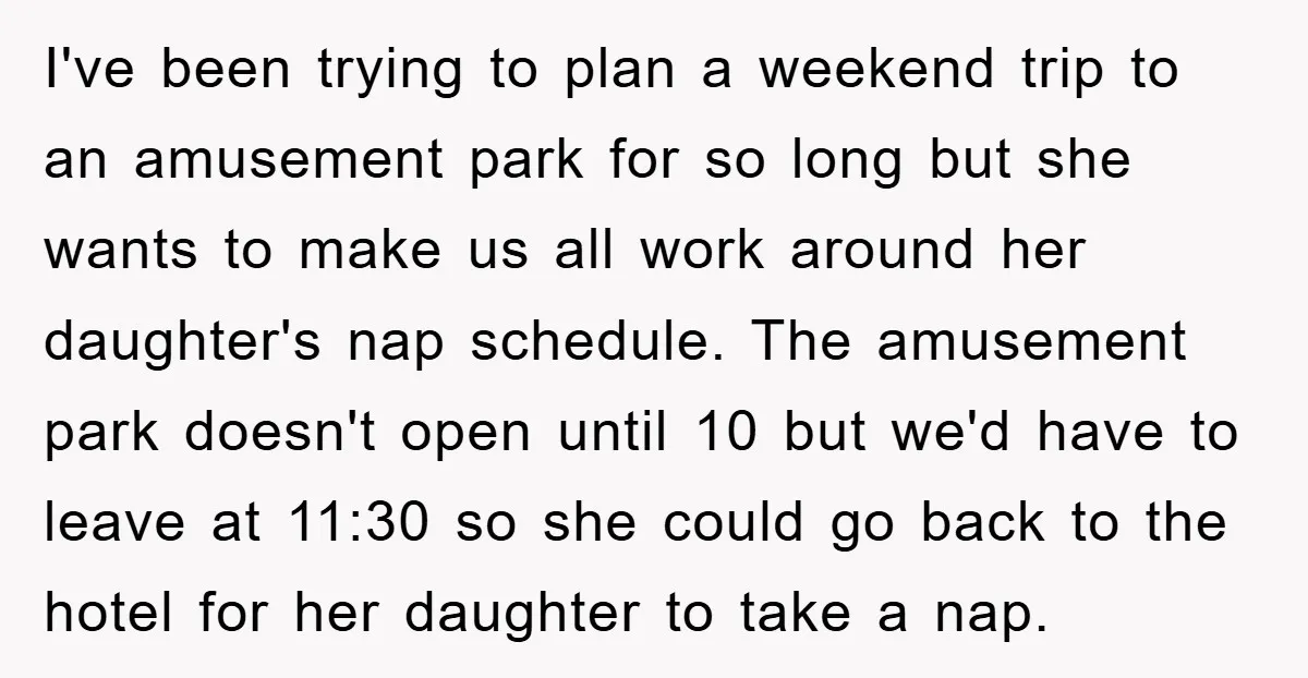I've been trying to plan a weekend trip to an amusement park for so long but she wants to make us all work around her daughter's nap schedule. The amusement...