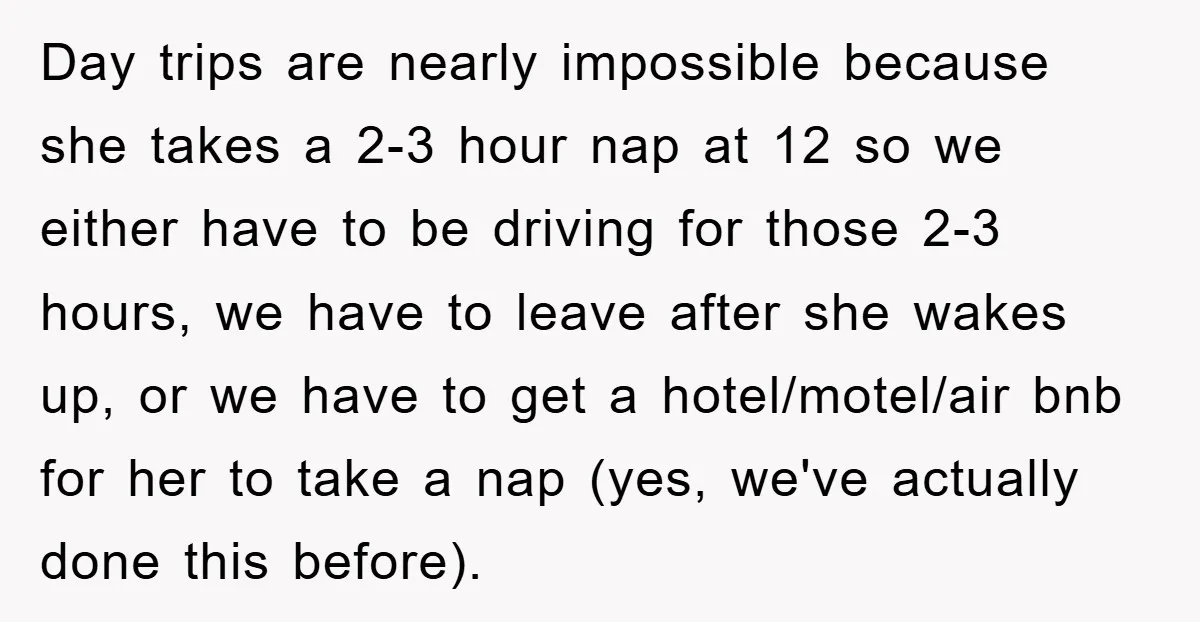 Day trips are nearly impossible because she takes a 2-3 hour nap at 12 so we either have to be driving for those 2-3 hours, we have to leave after...
